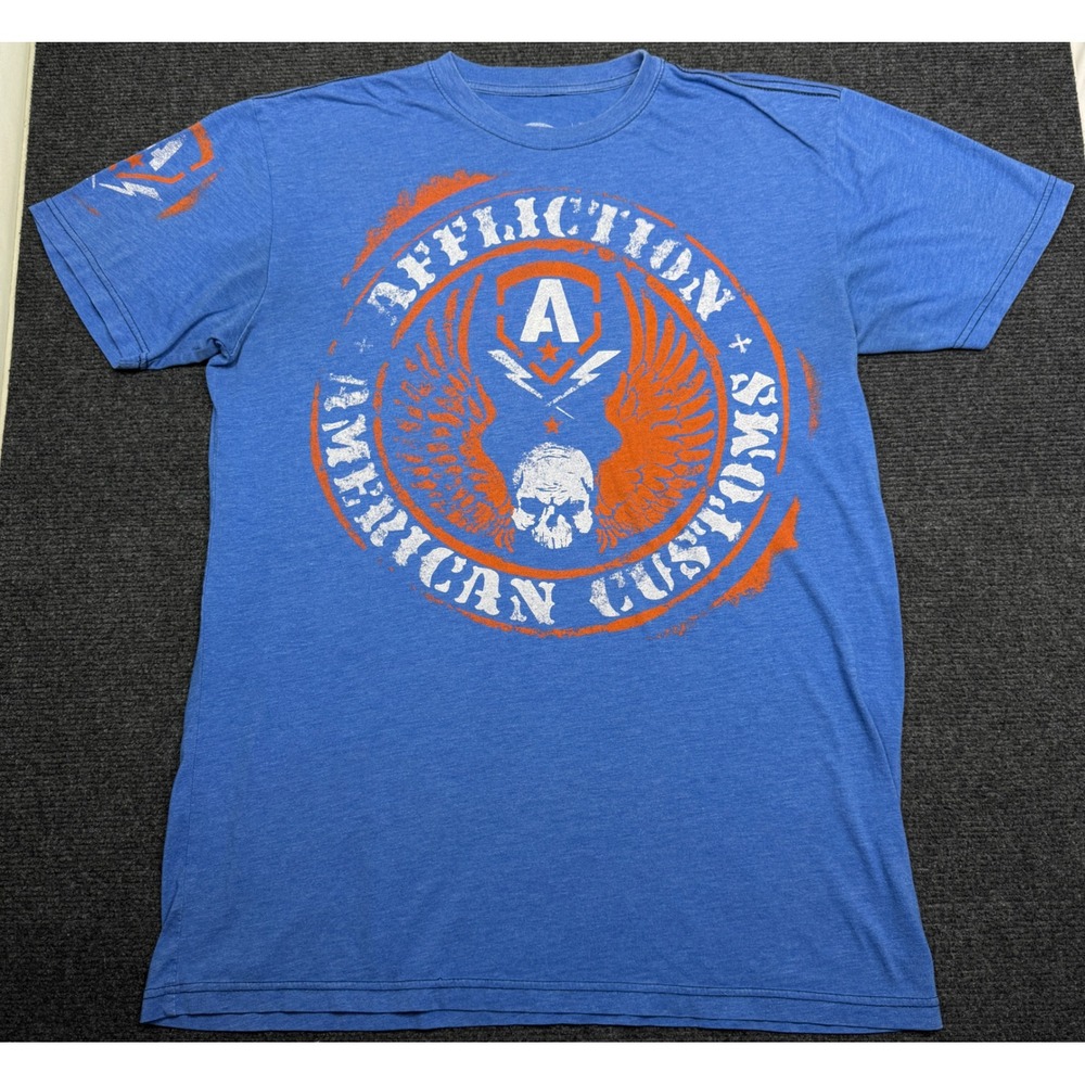 Affliction American Customs Mens XL Blue Graphic T-Shirt Skull Wings Distressed